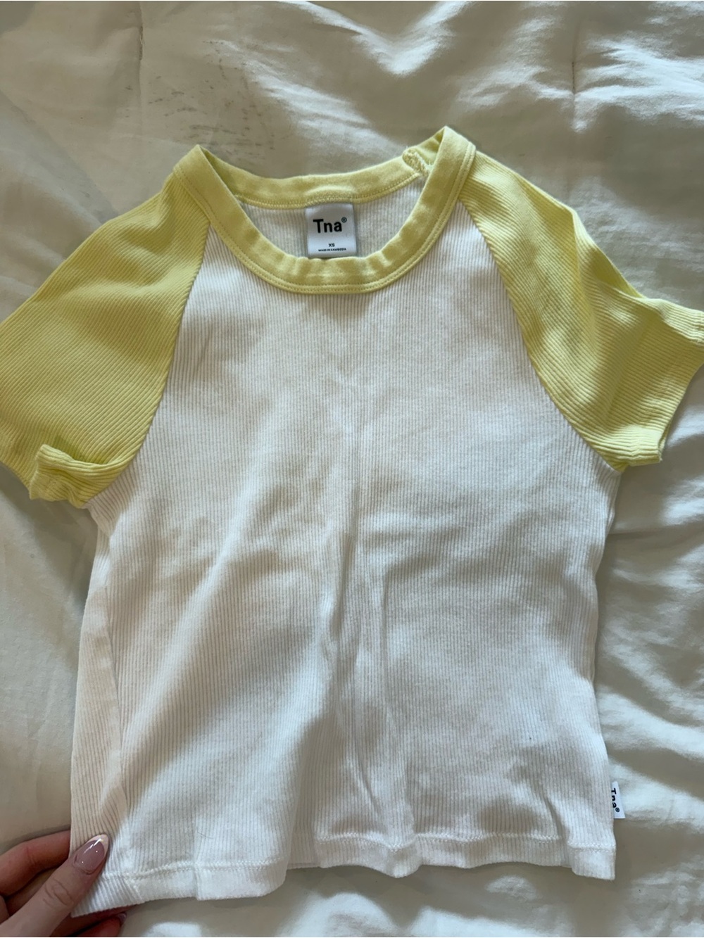 TNA White Tee with Yellow Raglan Sleeves